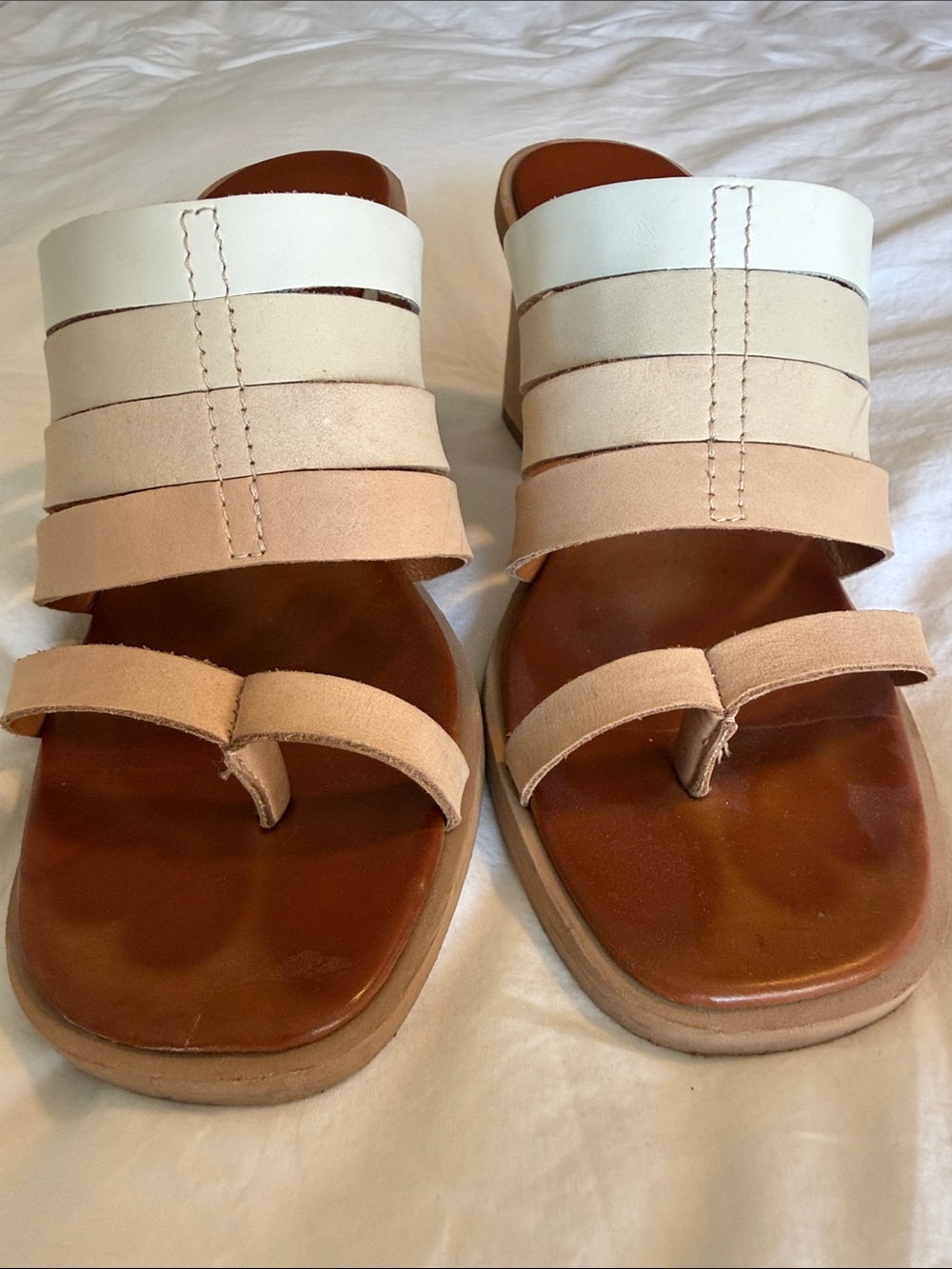 Lucky Brand Two-Tone Tan and White Strappy Block Heel Mules - Picture 2 of 3